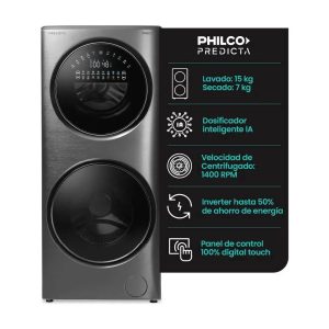 TORRE LAVASECARROPAS PHILCO PHLFT157GT CON IA 15KG/8KG